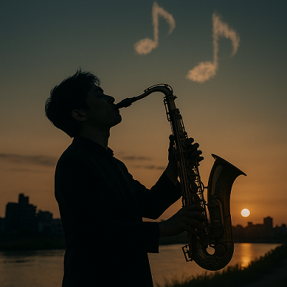 夕暮れの河原でサックスを吹く男性と雲の音符
